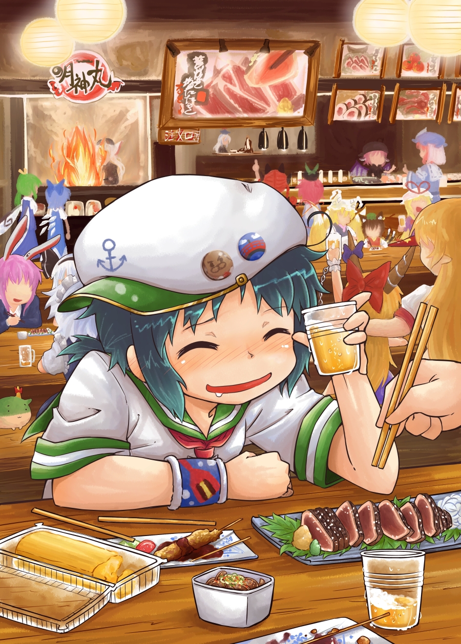 :3 adapted_costume animal_ears arm_on_shoulder arm_up badge beer black_hair blonde_hair blue_dress blue_hair blush bow braid bunny_ears cat_ears cat_tail chain chen chopsticks cirno closed_eyes cooking cup daiyousei dress drooling drunk earrings ex-keine faceless fire food fox_ears fox_tail fujiwara_no_mokou hair_bow hair_ornament hair_ribbon hand_on_shoulder hat hat_ribbon hat_with_ears highres holding horn horn_ribbon horns hoshiguma_yuugi ibuki_suika ice ice_wings index_finger_raised izayoi_sakuya japanese_clothes jewelry kaenbyou_rin kamishirasawa_keine katsuo_no_tataki komeiji_satori konpaku_youmu lamp liquor long_hair maid maid_headdress mug multiple_girls multiple_tails murasa_minamitsu mystia_lorelei open_mouth orange_hair pink_hair pointy_ears purple_hair raised_finger red_hair reisen_udongein_inaba reiuji_utsuho reiuji_utsuho_(bird) restaurant ribbon saigyouji_yuyuko sailor short_hair single_earring sitting smile star sukusuku_hakutaku table tail touhou triangular_headpiece twin_braids viva!! white_hair wings wristband yakumo_ran yakumo_yukari