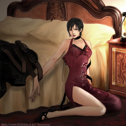1girl ada_wong asia_airport bare_legs bare_shoulders bed black_eyes black_hair china_dress chinadress chinese_clothes choker dress female high_heels legs lowres nail_polish pillow red_dress resident_evil resident_evil_4 shoes short_hair side_slit sitting solo thighs undressing