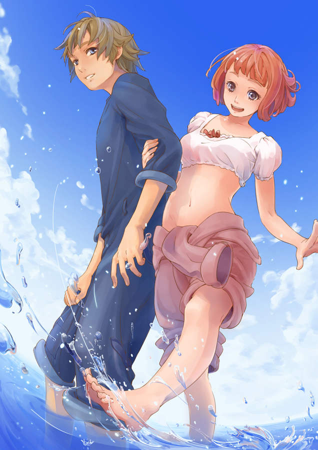 1girl barefoot blonde_hair blue_eyes brown_hair claus_valca cloud collarbone crop_top feet hands last_exile lavie_head midriff navel open_mouth sky smile splash splashing tied_shirt toes water yuzu_mitsu