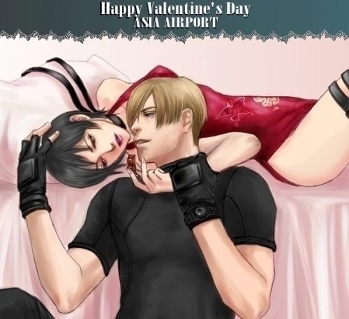 1boy 1girl ada_wong asia_airport bed black_gloves black_hair blonde_hair brown_hair china_dress chinadress chinese_clothes chocolate choker couple dress female fingerless_gloves gloves leon_s_kennedy lipstick lowres lying makeup male pillow red_dress resident_evil resident_evil_4 short_hair side_slit sitting t-shirt thigh_strap valentine