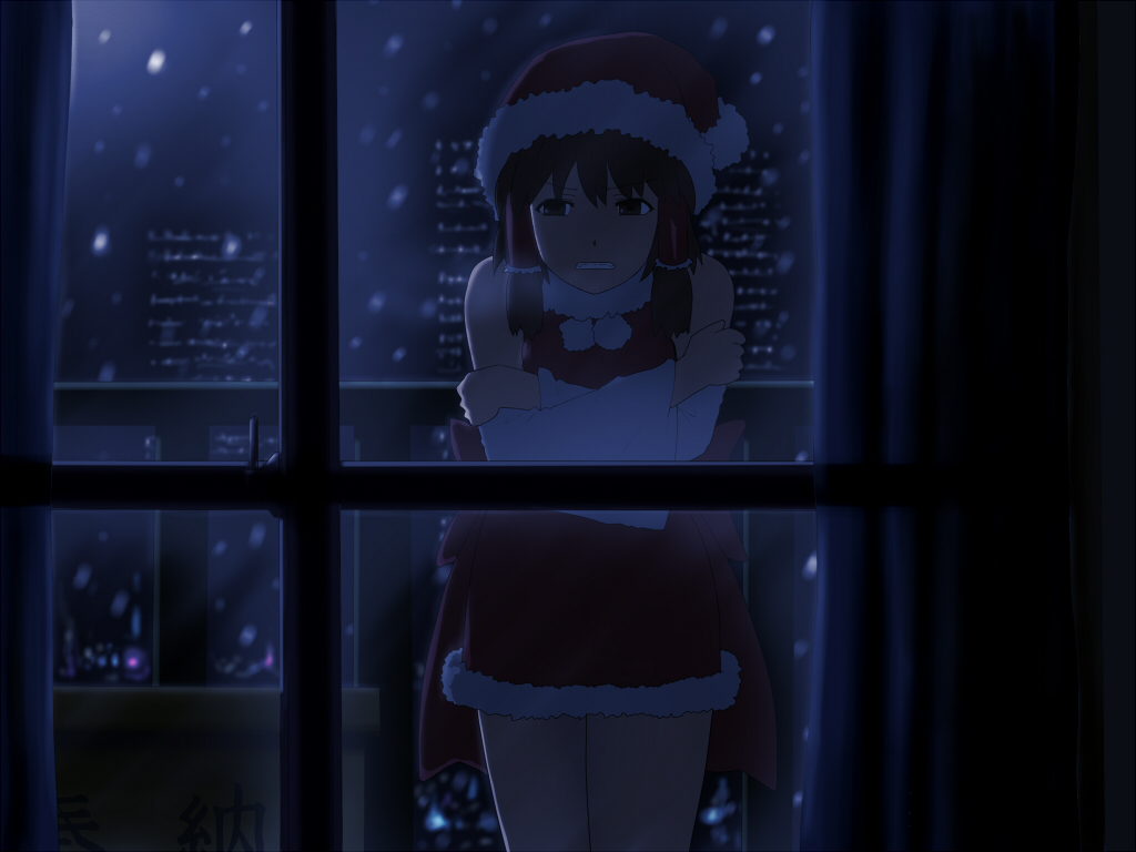 balcony city_lights clenched_teeth cold crossed_arms darkness detached_sleeves door hair_tubes hakurei_reimu hat looking_at_viewer miko night perfect_cherry_blossom santa_costume santa_hat shirosato snow snowing solo touhou