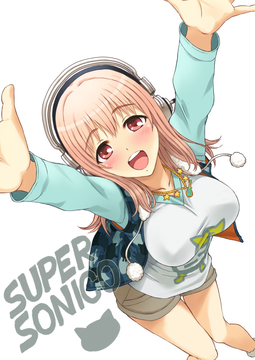 \o/ arms_up blush breasts cat character_name from_above headphones highres honoji large_breasts legs long_hair looking_up nitroplus open_mouth outstretched_arms pink_hair red_eyes shorts solo sonico star super_sonico