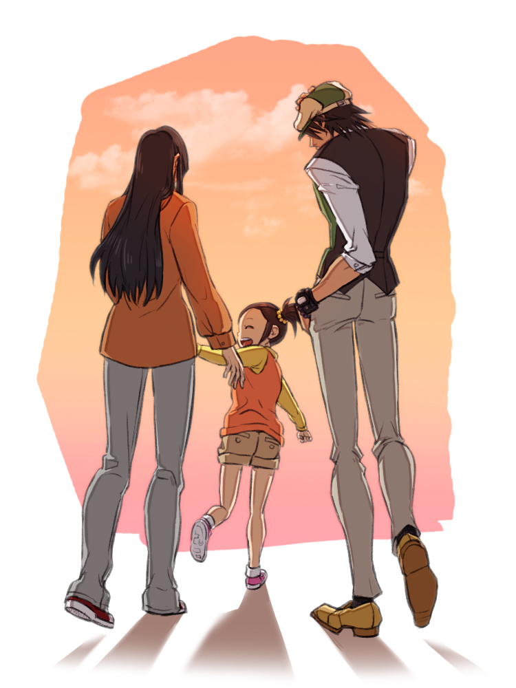 age_difference amamiya_tomoe bracelet brown_hair cabbie_hat child facial_hair family father_and_daughter from_behind hand_holding hat holding_hands jewelry kaburagi_kaede kaburagi_t_kotetsu kaburagi_tomoe long_hair mother_and_daughter shorts side_ponytail stubble tataru tiger_&amp;_bunny vest waistcoat watch wristwatch young