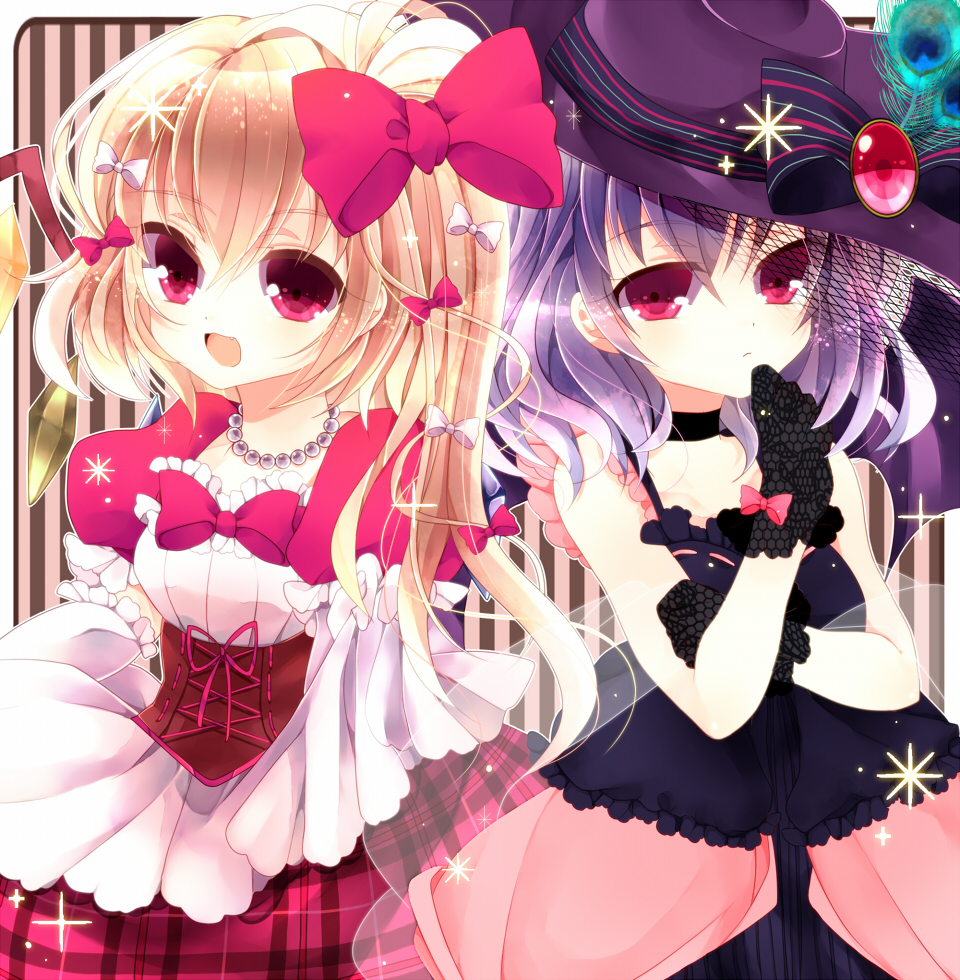 alternate_costume alternate_hat alternate_headwear bad_id bare_shoulders blonde_hair bow choker clothes_grab corset dress feathers flandre_scarlet gloves hair_bow hand_to_mouth hat hat_bow hat_feather jewelry multiple_girls necklace no_hat no_headwear pink_eyes puffy_sleeves purple_hair remilia_scarlet saichuu short_hair siblings side_ponytail sisters striped striped_background touhou