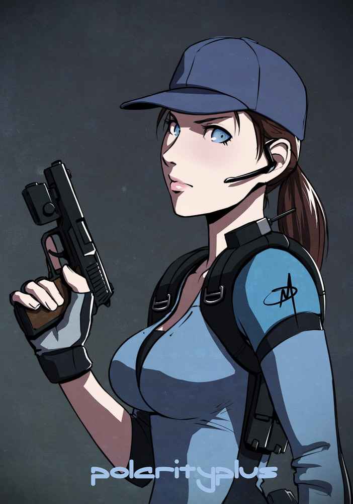 1girl armpit_holster baseball_cap blue_eyes breasts brown_hair daniel_macgregor fingerless_gloves gloves gun handgun hat headset holster jill_valentine laser_sight lips long_hair nose pistol ponytail resident_evil solo trigger_discipline weapon