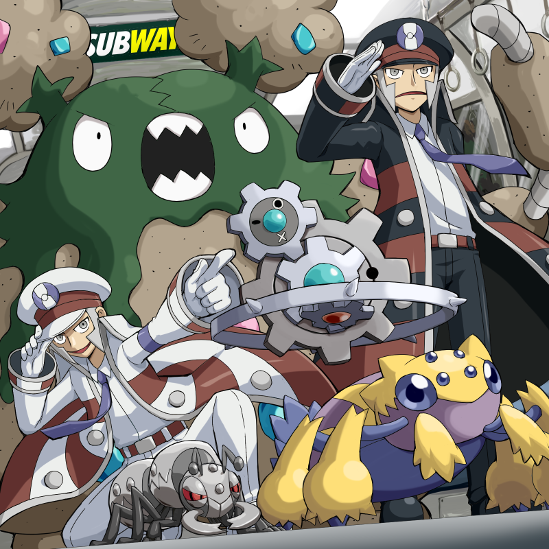 brothers character_request coat durant galvantula garbodor garbordor grey_eyes grey_hair hat joltik klinklang kudari_(pokemon) male multiple_boys necktie nobori_(pokemon) peaked_cap pointing pokemoa pokemon pokemon_(creature) product_placement pun salute siblings subway subway_(company) train train_interior twins