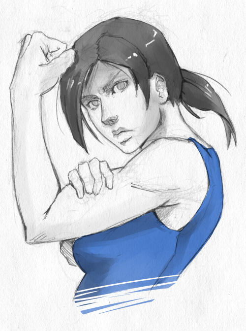 1girl bust flexing grey_eyes grey_hair lips long_hair muscle nose ponytail pose serious solo tank_top whistle_frog white_skin wii_fit wii_fit_trainer