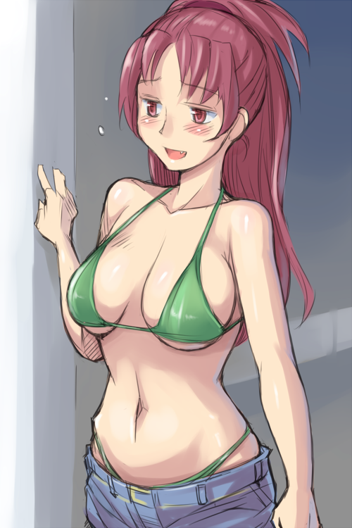 bikini bikini_top blush breasts cleavage curvy denim denim_shorts fang large_breasts mahou_shoujo_madoka_magica navel no_shirt open_mouth panties ponytail red_eyes red_hair redhead rozenweapon sakura_kyouko shorts sideboob string_bikini swimsuit thong under_boob underboob underwear