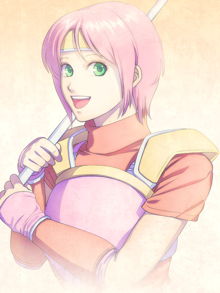 armor est fire_emblem fire_emblem:_mystery_of_the_emblem gloves green_eyes kinoeneko pink_hair short_hair smile solo staff