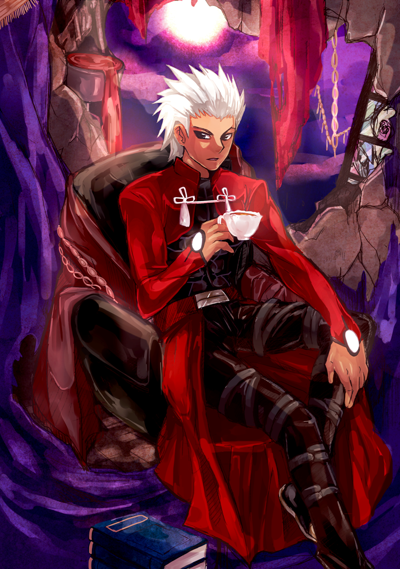 1boy archer book cup dark_skin eirakko fate/stay_night fate_(series) male sitting solo teacup white_hair