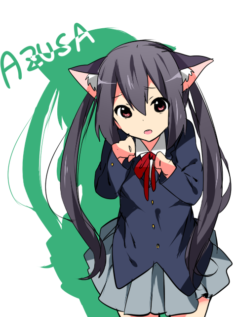 animal_ears bad_id black_hair brown_eyes cat_ears character_name closed_eyes eyes_closed hairband k-on! long_hair nakano_azusa naru_(andante) paw_pose school_uniform solo twintails