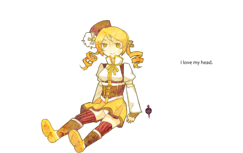 arm_support beret blonde_hair boots breasts brown_legwear comic corset detached_sleeves drill_hair english fingerless_gloves gloves goldfishu grief_seed hair_ornament hairpin hat headless i_want_my_hat_back long_hair lowres magical_girl mahou_shoujo_madoka_magica mami_mogu_mogu panties pantyshot pantyshot_(sitting) pantyshot_sitting parody puffy_detached_sleeves puffy_short_sleeves puffy_sleeves ribbon short_sleeves simple_background sitting skirt solo spoilers taut_shirt text tomoe_mami twin_drills underwear vertical-striped_legwear vertical_stripes white_background white_panties yellow_eyes