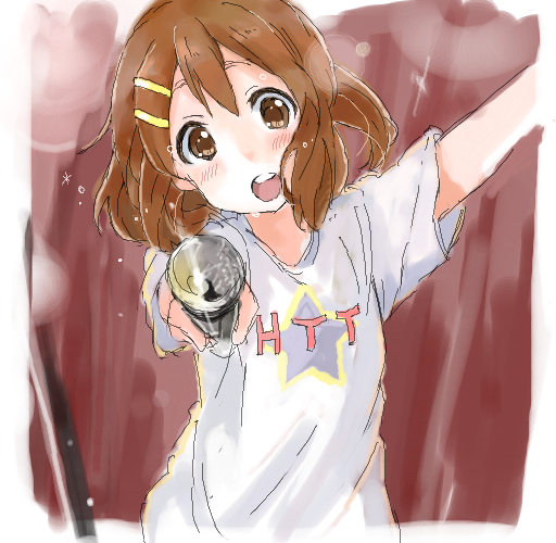 bad_id brown_eyes brown_hair hirasawa_yui k-on! looking_at_viewer microphone pov s@ki_kilisawa short_hair solo sweat t-shirt