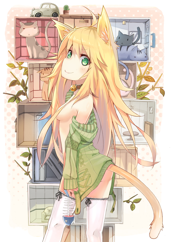 &gt;:) ahoge animal_ears bad_perspective bell bell_collar blonde_hair blush breasts cat cat_ears cat_tail collar convenient_censoring fish green_eyes hair_over_breasts hoshii_miki idolmaster kemonomimi_mode long_hair nerima no_pants off_shoulder open_clothes smile solo tail thighhighs too_many_cats undressing white_legwear