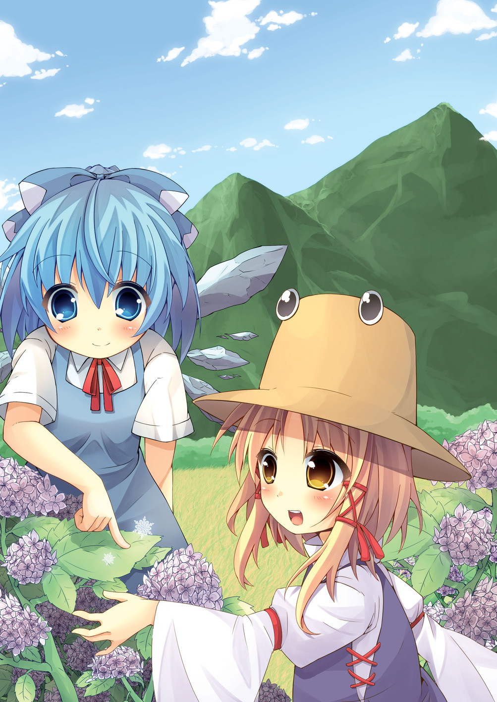adapted_costume blonde_hair blue_dress blue_eyes blue_hair blush bow cirno cloud dress flower grass hair_bow hair_ribbon hat highres hill ice ice_wings leaf moriya_suwako mountain multiple_girls open_mouth oruton ribbon short_hair sky smile touching touhou wide_sleeves wings yellow_eyes