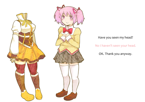 boots bow breasts brown_legwear comic corset detached_sleeves english fingerless_gloves gloves goldfishu hair_ribbon hands_on_own_chest headless i_want_my_hat_back kaname_madoka loafers lowres magical_girl mahou_shoujo_madoka_magica mami_mogu_mogu multiple_girls parody pigeon-toed pink_eyes pink_hair pleated_skirt puffy_sleeves ribbon school_uniform shoes short_twintails simple_background skirt spoilers standing taut_shirt text thighhighs tomoe_mami twintails vertical-striped_legwear vertical_stripes white_background white_legwear zettai_ryouiki