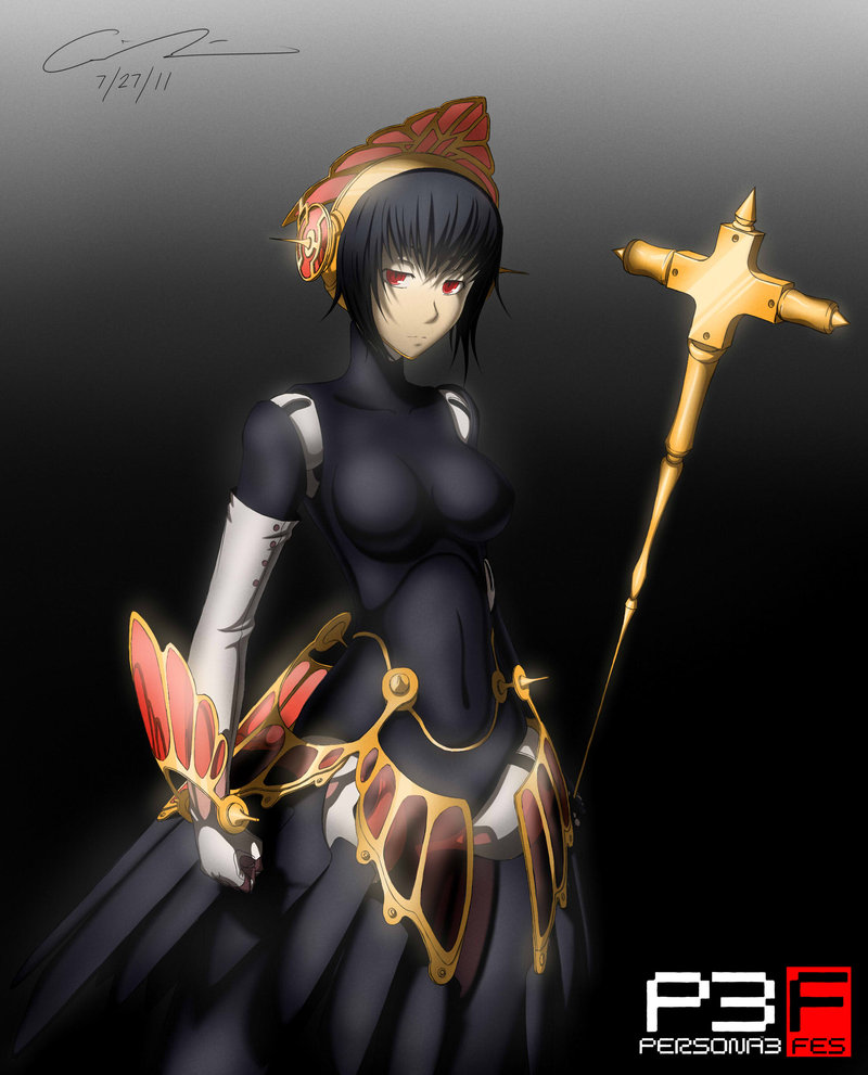 android black_hair breasts elbow_gloves gloves headdress headphones metis persona persona_3 point23 red_eyes short_hair signature skin_tight solo weapon