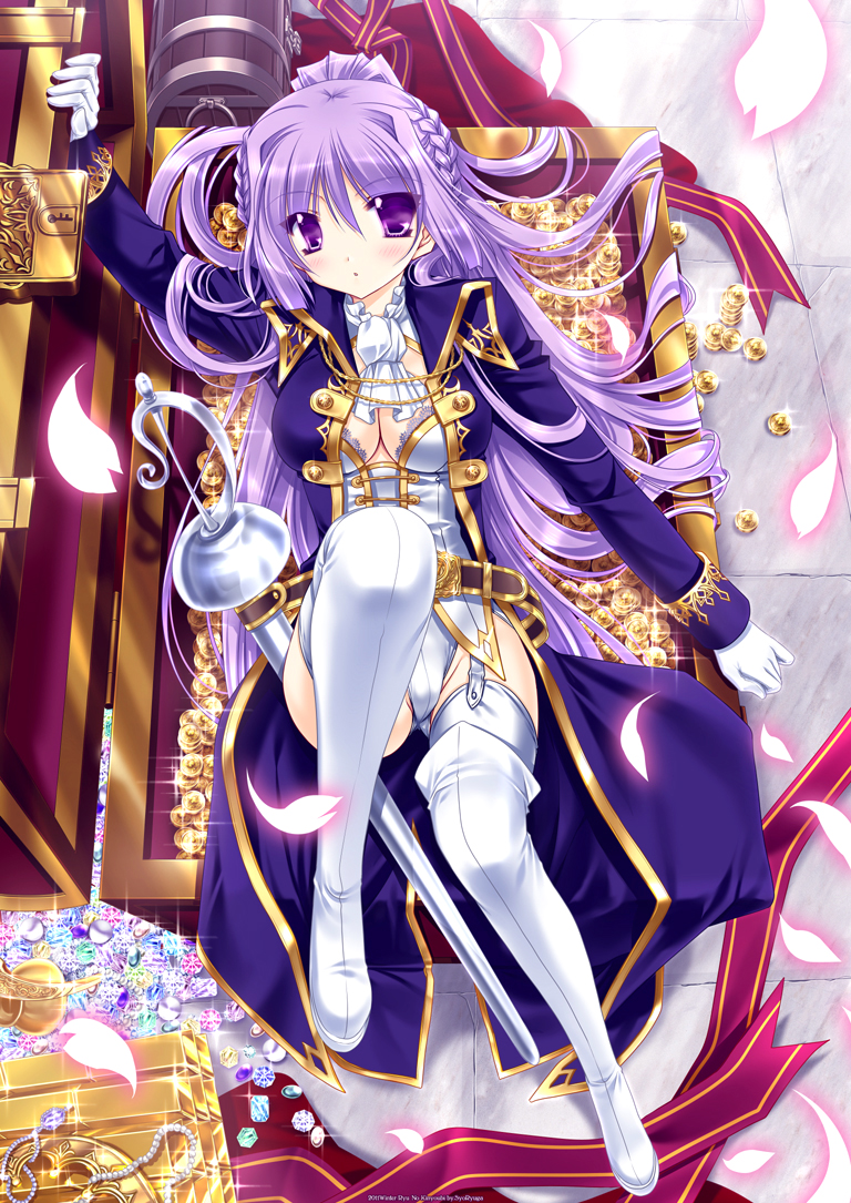 belt blush boots box bra braid breasts cleavage coin full_body garter_straps gem girl_in_a_box gloves in_box in_container lace-trimmed_bra large_breasts leg_lift legs lingerie long_hair long_legs on_back original ponytail purple_eyes purple_hair rapier ryuuga_shou sheath sheathed solo sword thigh-highs thigh_boots thighhighs thighs treasure treasure_chest underwear violet_eyes weapon white_gloves white_legwear