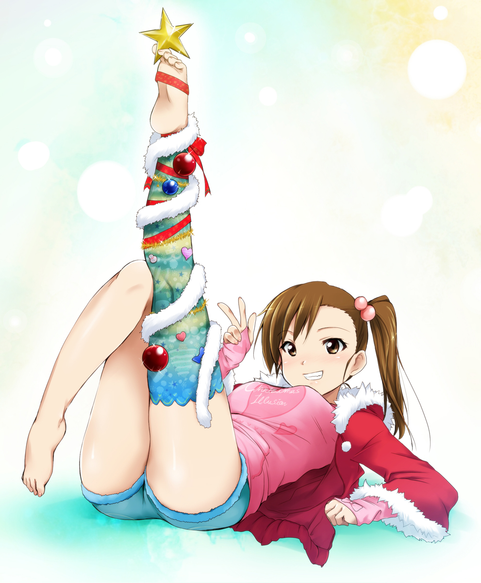 arm_warmers barefoot between_toes brown_eyes brown_hair christmas christmas_ornaments christmas_tree christmas_tree_(cosplay) coat cosplay feet foot_hold fur_trim futami_mami garland_(decoration) grin hair_bobbles hair_ornament heart highres idolmaster kaiga leg_ribbon legs lying on_back short_shorts shorts side_ponytail single_thighhigh smile soles solo star thighhighs toes v