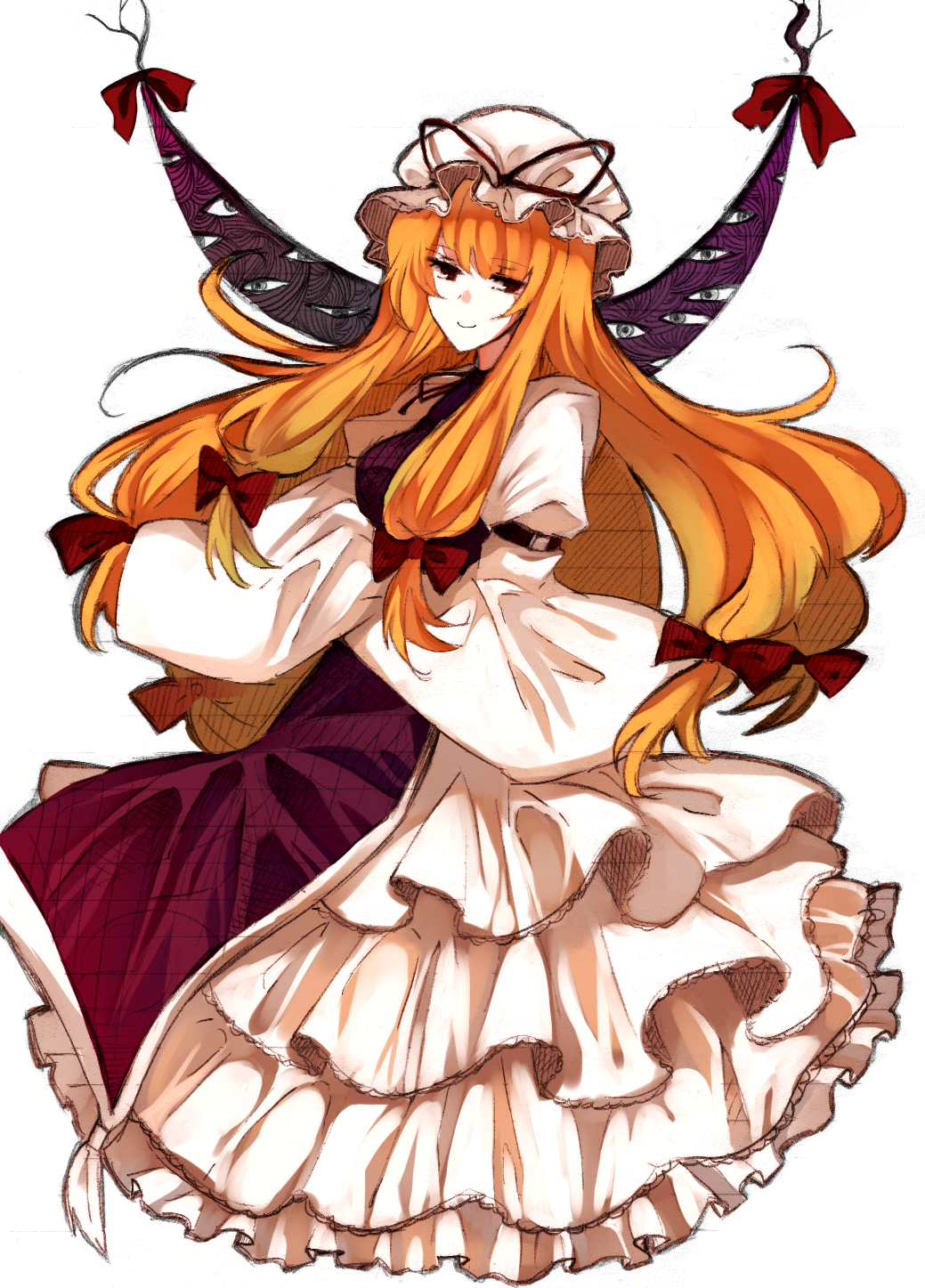 blonde_hair bow dress eyes frills gap gathers hair_bow hat hat_ribbon highres long_hair mochino_(yumeura_fuumi) red_eyes ribbon ruffles smile solo tabard touhou transparent_background very_long_hair yakumo_yukari yumeurahumi