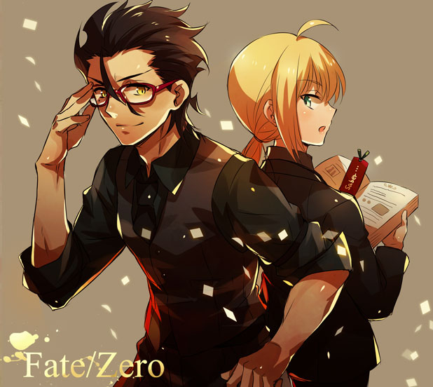 1girl ahoge black_hair blonde_hair book bookmark confetti fate/stay_night fate/zero fate_(series) formal glasses green_eyes kome_(kokomoti) lancer_(fate/zero) long_hair pant_suit ponytail red-framed_glasses saber suit vest waistcoat yellow_eyes