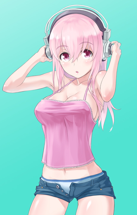 armpits arms_up bare_shoulders blue_panties blush breasts camisole cleavage collarbone denim denim_shorts halterneck headphones long_hair looking_at_viewer midriff mofu navel nitroplus open_fly open_mouth panties pink_eyes pink_hair short_shorts shorts simple_background solo sonico super_sonico unbuttoned underwear white_panties