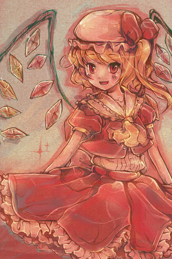 ascot blonde_hair blush flandre_scarlet graphite_(medium) hat millipen_(medium) mio_(xmiox) mixed_media open_mouth puffy_sleeves red_eyes short_hair side_ponytail skirt skirt_set smile solo the_embodiment_of_scarlet_devil touhou traditional_media wings