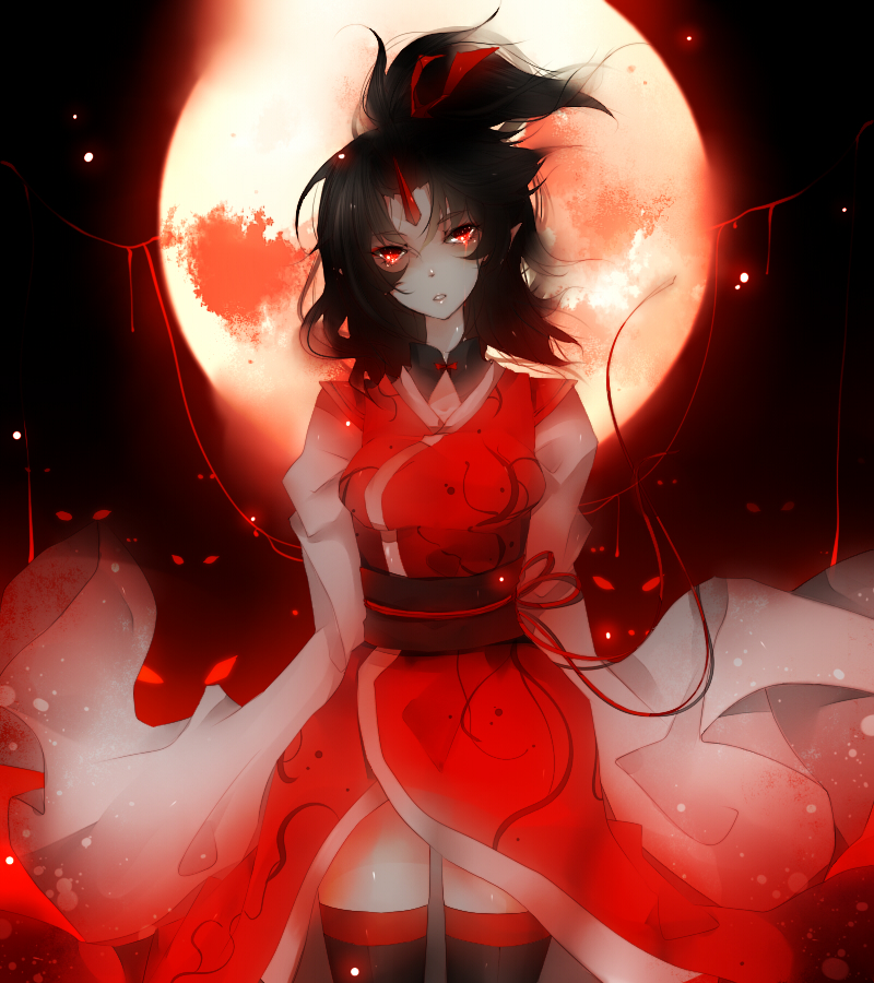 aymmogh bad_id blood bow eyes full_moon glowing glowing_eyes hair_bow horn japanese_clothes konngara moon night obi open_mouth ponytail purple_hair red_eyes sky solo star_(sky) starry_sky tears thigh-highs thighhighs touhou touhou_(pc-98) wide_sleeves