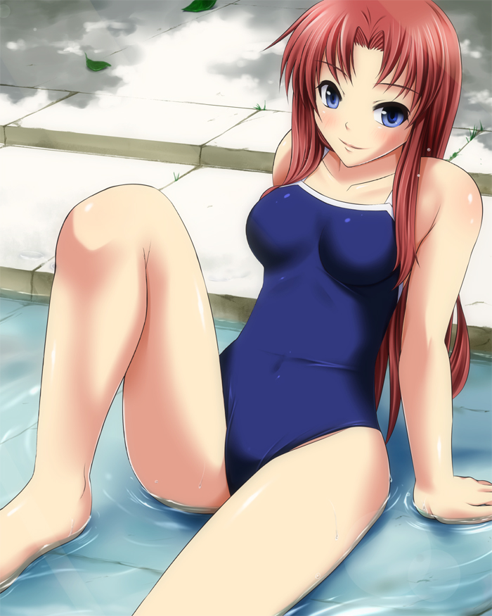 blue_eyes breasts brown_hair corey_sniper digdug006 leg_up legs long_hair long_legs one-piece_swimsuit school_swimsuit sitting smile solo swimsuit thighs water wrestle_angels wrestle_angels_survivor wrestle_angels_survivor_2