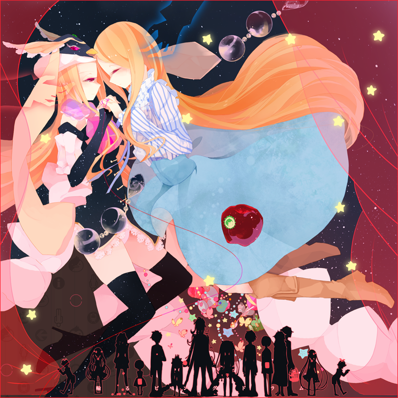 black_gloves black_legwear boots closed_eyes elbow_gloves eyes_closed food fruit gloves hand_holding hat holding_hands long_hair long_skirt mawaru_penguindrum mikechato orange_hair princess_of_the_crystal shiyoko_(syokorate) skirt takakura_himari thigh-highs thigh_boots thighhighs very_long_hair