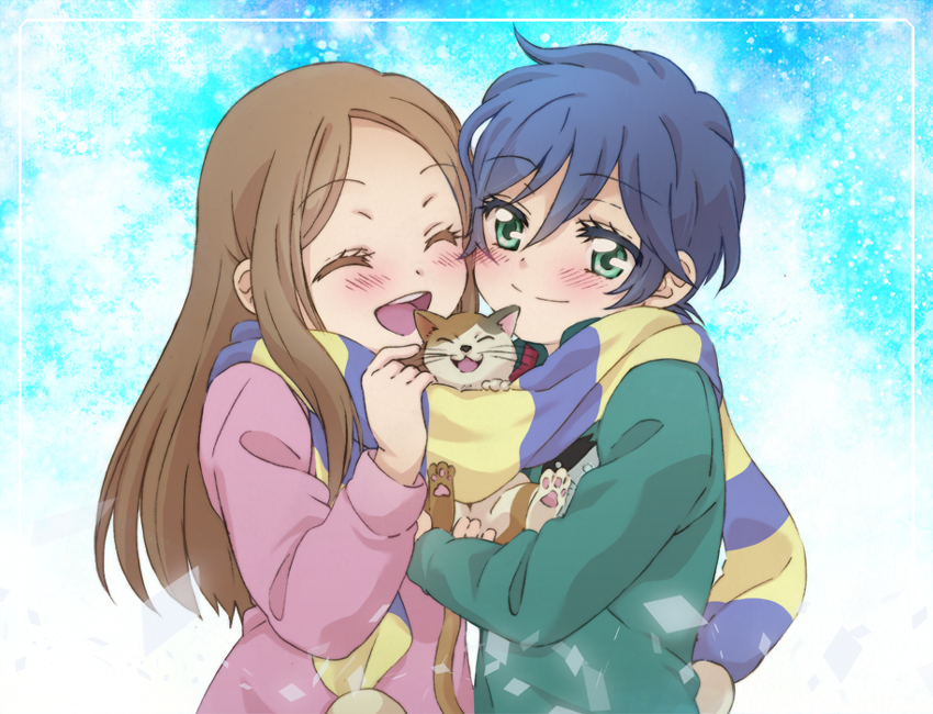 blue_hair blush brown_hair cat child closed_eyes couple eyes_closed green_eyes long_hair mawaru_penguindrum open_mouth scarf short_hair smile takakura_himari takakura_shouma yu_no123