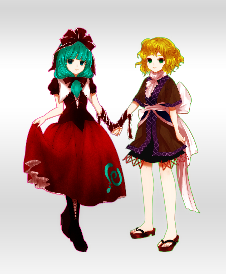 aqua_eyes aqua_hair blonde_hair boots bow clog_sandals cross-laced_footwear frills front_ponytail geta gradient gradient_background green_eyes green_hair hair_bow hand_holding holding_hands kagiyama_hina lace-up_boots long_hair long_skirt mizuhashi_parsee multiple_girls no_socks ruffles scarf short_hair skirt skirt_hold skirt_lift smile touhou viridiflora wrist_ribbon