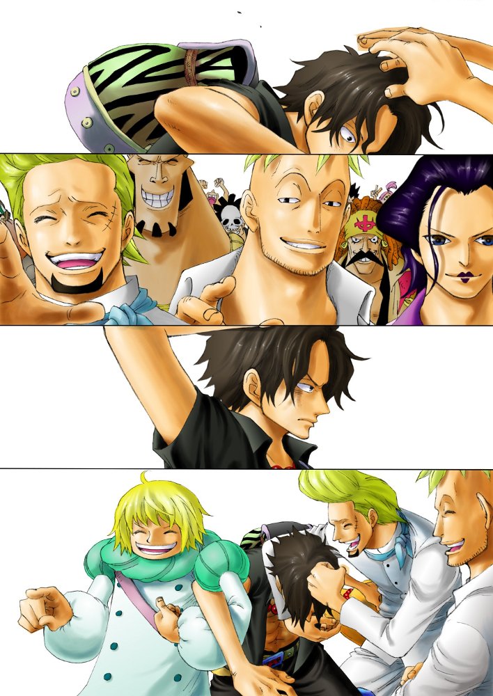 bandana beard black_hair blonde_hair brown_hair closed_eyes eyes_closed facial_hair freckles haruta_(one_piece) izou_(one_piece) jewelry jozu kara_(acluf-0156) male marco multiple_boys muscle mustache necklace one_piece petting portgas_d_ace purple_hair rakuyou simple_background smile standing thatch