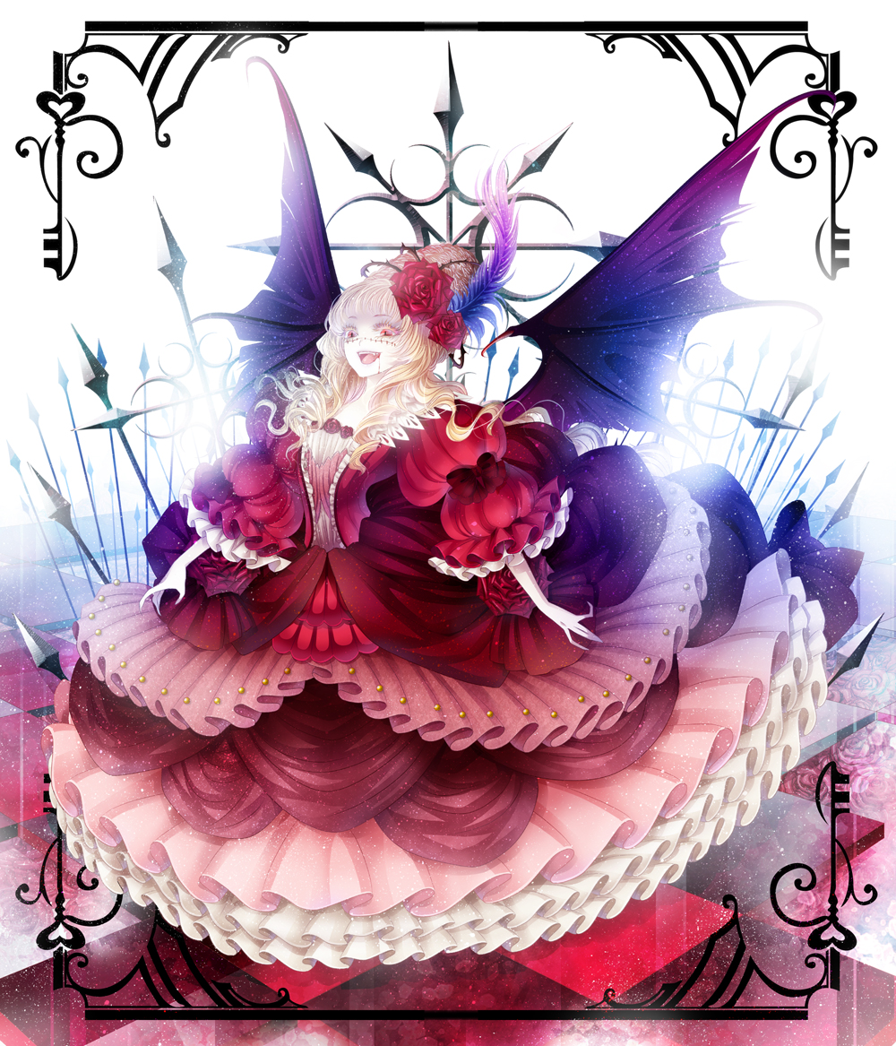 bat_wings big_hair blonde_hair blood character_request checkered checkered_floor colored_eyelashes copyright_request dress fangs feathers flower frame frilled_sleeves frills gathers gown hair_feathers hair_flower hair_ornament hair_up laughing long_hair puffy_sleeves red_rose rinko_(mg54) rose scar short_sleeves solo thorns vampire wings