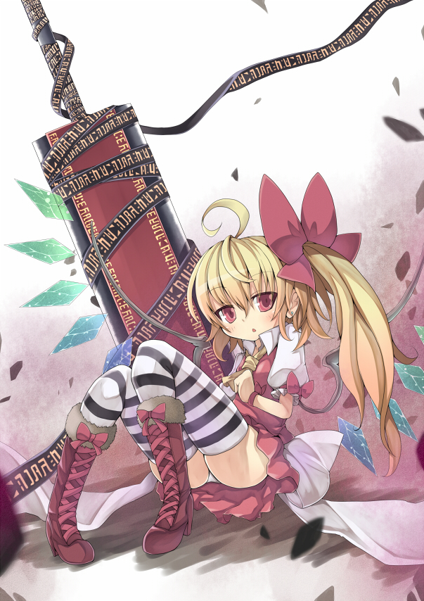 ahoge ascot boots child cicin cross-laced_footwear flandre_scarlet huge_weapon knee_boots lace-up_boots no_hat no_headwear panties pantyshot pantyshot_(sitting) pantyshot_sitting red_eyes short_hair side_ponytail sitting solo striped striped_legwear sword the_embodiment_of_scarlet_devil thigh-highs thighhighs touhou underwear weapon wings