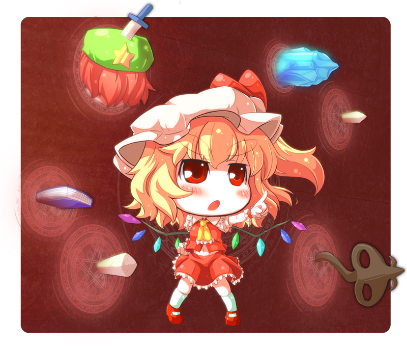 blonde_hair blush book chibi cirno eyebrows fate/stay_night fate_(series) flandre_scarlet floating gate_of_babylon hat hong_meiling ice knife knifed laevatein mary_janes mintmochi_(artist) navel open_mouth parody pointing red_eyes red_hair redhead shoes side_ponytail skirt skirt_set star thick_eyebrows throwing_knife touhou unlimited_blade_works weapon wings