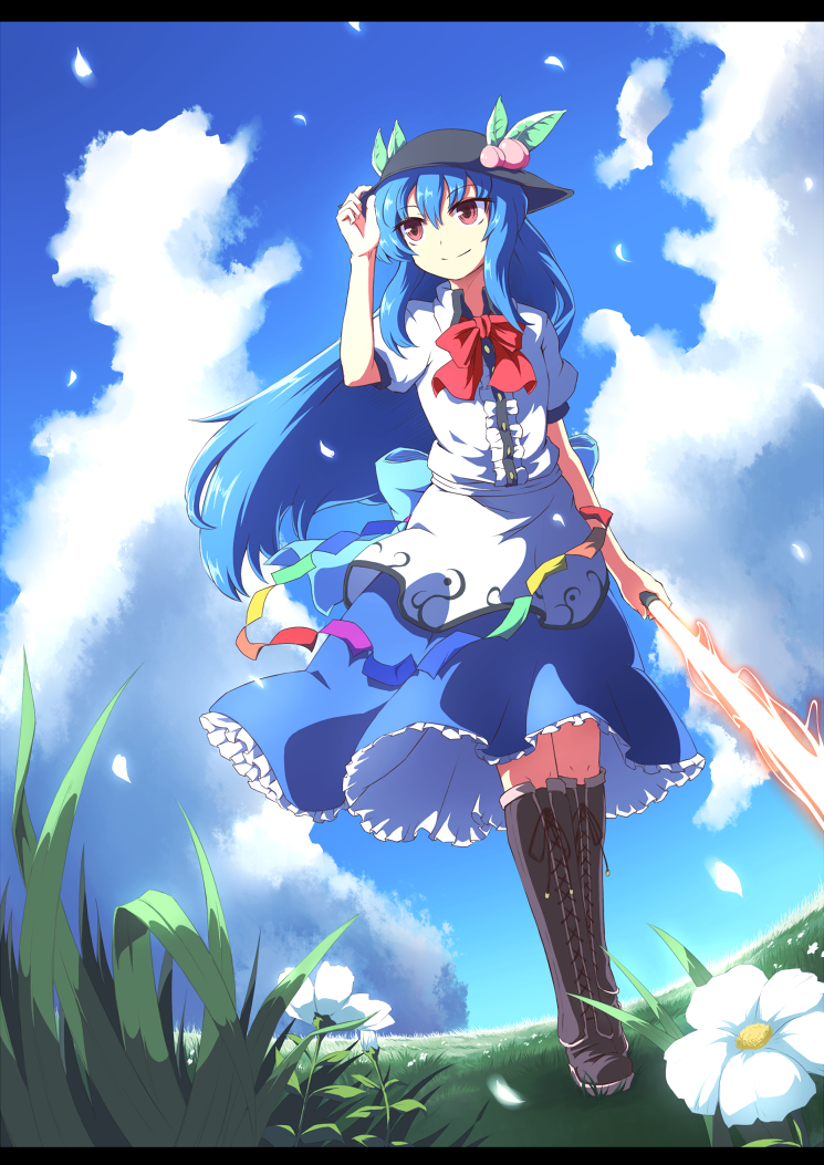 blue_hair boots cloud cross-laced_footwear dress flower food fruit grass hand_on_hat hat hinanawi_tenshi knee_boots lace-up_boots letterboxed peach petals red_eyes scenery sky smile solo sword sword_of_hisou touhou weapon whitesesame wind