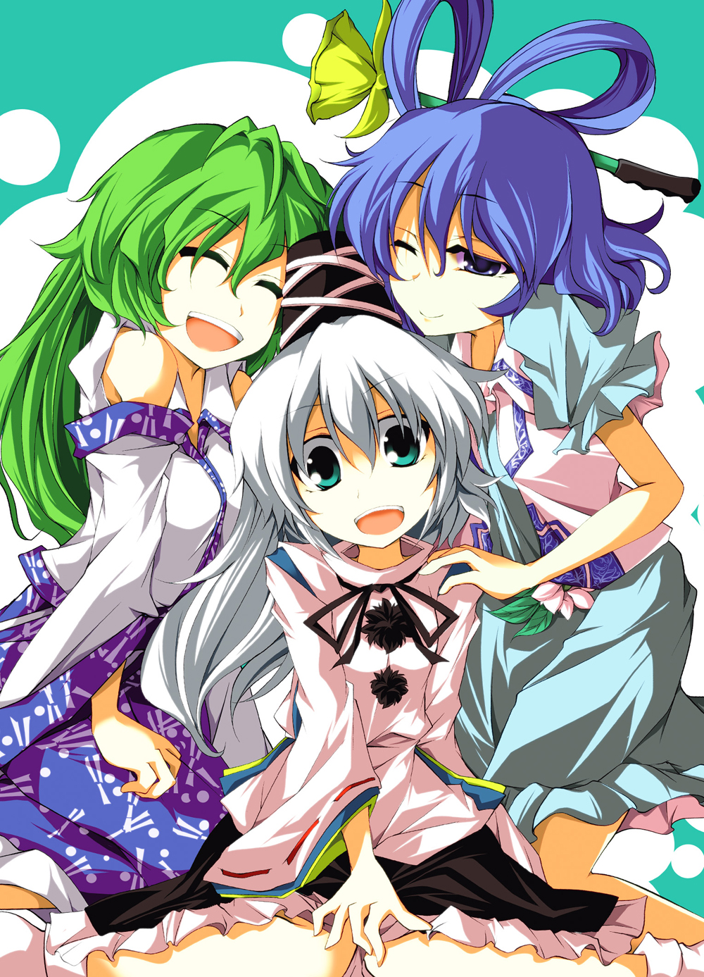 blue_eyes blue_hair closed_eyes detached_sleeves eyes_closed green_eyes green_hair hair_ornament hat highres japanese_clothes kaku_seiga kariginu kneeling kochiya_sanae kurinton mononobe_no_futo multiple_girls open_mouth sitting touhou wariza white_hair