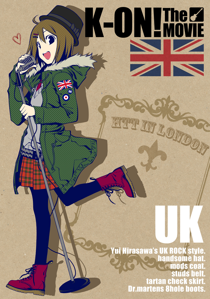 :d brown_eyes brown_hair character_name coat doc_martens flag hat hirasawa_yui inui_sekihiko k-on! k-on!_movie microphone microphone_stand open_mouth pantyhose short_hair shorts skirt smile solo title_drop union_jack