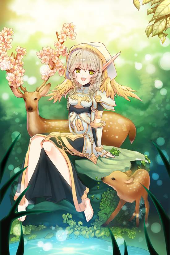 animal artist_request bare_legs barefoot blonde_hair blush character_request cherinova deer dress elf feet fingerless_gloves flower gloves green_eyes hood long_hairs nature open_mouth original pointy_ears sitting smile solo water