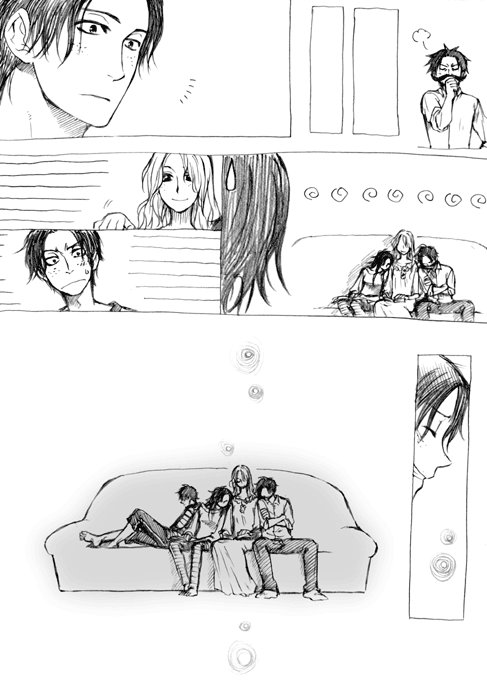 comic contemporary couch facial_hair family freckles genderswap gol_d_roger long_hair mino_(udonge) monochrome mustache one_piece portgas_d_ace portgas_d_anne portgas_d_rouge short_hair silent_comic sleeping smile translation_request