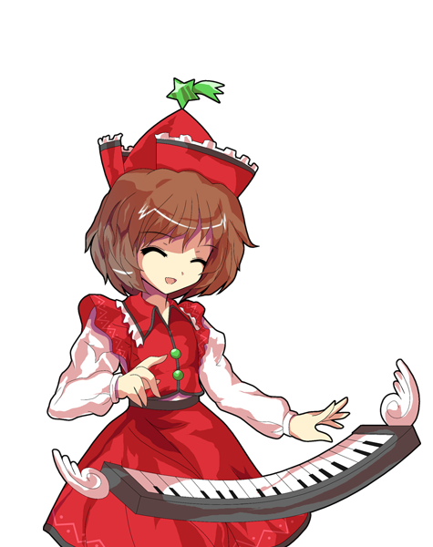 alphes_(style) brown_hair hat instrument keyboard_(instrument) lyrica_prismriver open_mouth parody rararatolololo shooting_star short_hair smile solo style_parody touhou transparent_background