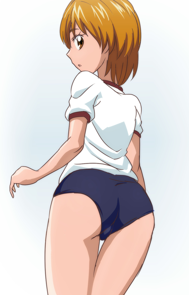 1girl ass back bangs bare_legs bare_shoulders brown_eyes brown_hair buruma flat_chest futari_wa_precure looking_at_viewer looking_back manji_(tenketsu) misumi_nagisa precure profile short_hair solo standing underwear