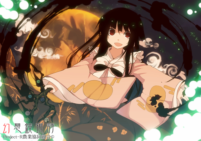 black_hair branch danmaku floral_print fuurin_(omaemona) houraisan_kaguya jeweled_branch_of_hourai lights long_hair open_mouth red_eyes shirt skirt solo touhou