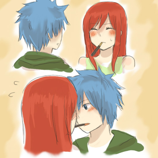 blush closed_eyes couple erinan erza_scarlet eyes_closed fairy_tail flying_sweatdrops incipient_kiss jellal_fernandes long_hair mouth_hold pocky pocky_kiss red_hair redhead shared_food sweatdrop