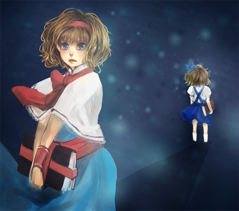 1girl alice_margatroid alice_margatroid_(pc-98) blue_dress blue_eyes book capelet child dress dual_persona from_behind grimoire hairband multiple_girls necktie sheryth short_hair skirt time_paradox touhou touhou_(pc-98) young