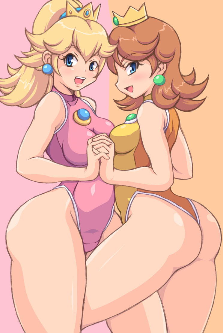 2girls blonde_hair blue_eyes brown_hair hand_holding hips holding_hands huge_ass kihaiu leotard long_hair multiple_girls nintendo one-piece_thong open_mouth panties ponytail princess_daisy princess_peach short_hair super_mario_bros. thick_thighs thighs thong thong_leotard underwear wedgie wide_hips