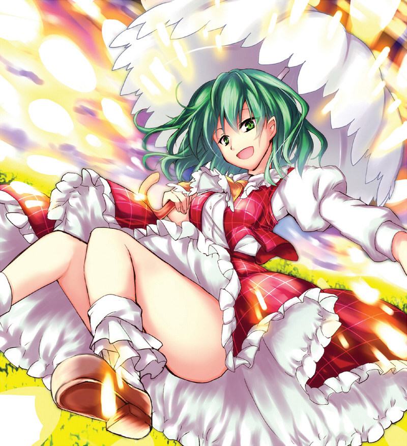 ascot censored convenient_censoring danmaku fuupu green_eyes green_hair kazami_yuuka legs open_mouth plaid plaid_skirt plaid_vest shirt short_hair skirt skirt_set slip_skirt smile solo touhou umbrella umbrella_riding upskirt vest youkai