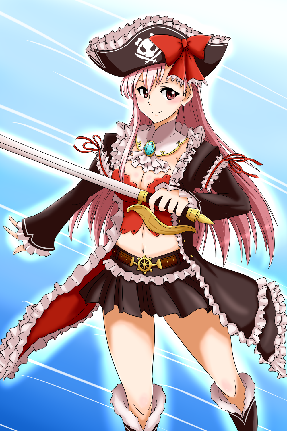 belt boots bow breasts captain_liliana cleavage frills hat highres jolly_roger long_hair midriff pink_hair pirate_hat pleated_skirt queen's_blade queen's_blade_rebellion queen's_blade queen's_blade_rebellion sekitaku skirt skull_and_crossed_swords smile solo sword weapon