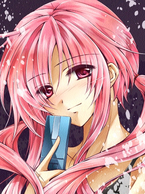 blush cellphone close-up faux_traditional_media gasai_yuno long_hair looking_at_viewer mirai_nikki phone pink_eyes pink_hair smile solo touko_(wisterio) twintails wisterio